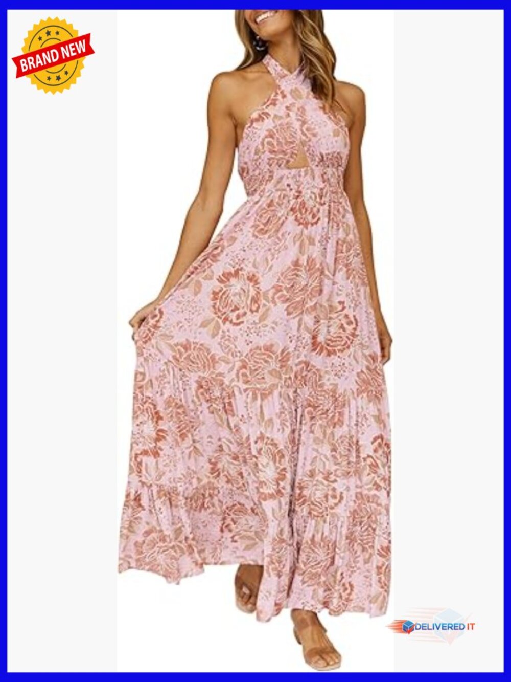 Summer Maxi Dress Halter Neck Cut Out Backless Plaid Formal